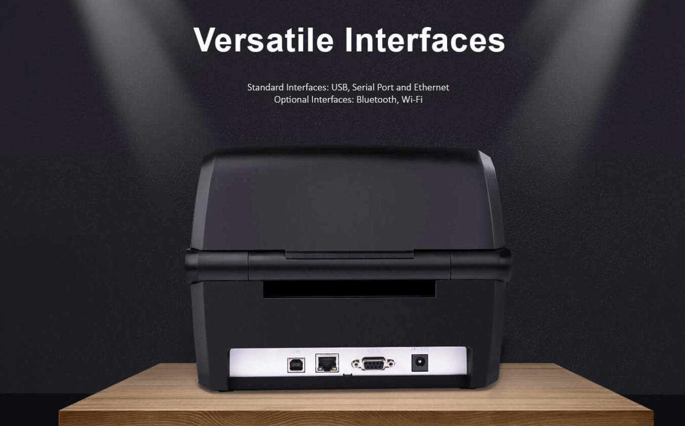 Back view of a printéir barcód showing multiple interface ports like USB, Serial, and Ethernet.