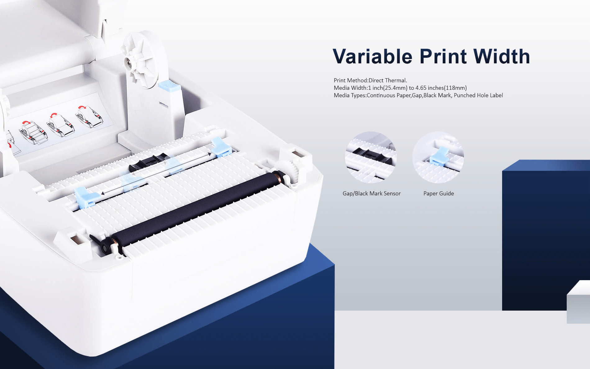 An open printéir barcód showing its internal components like the paper guide and sensor.